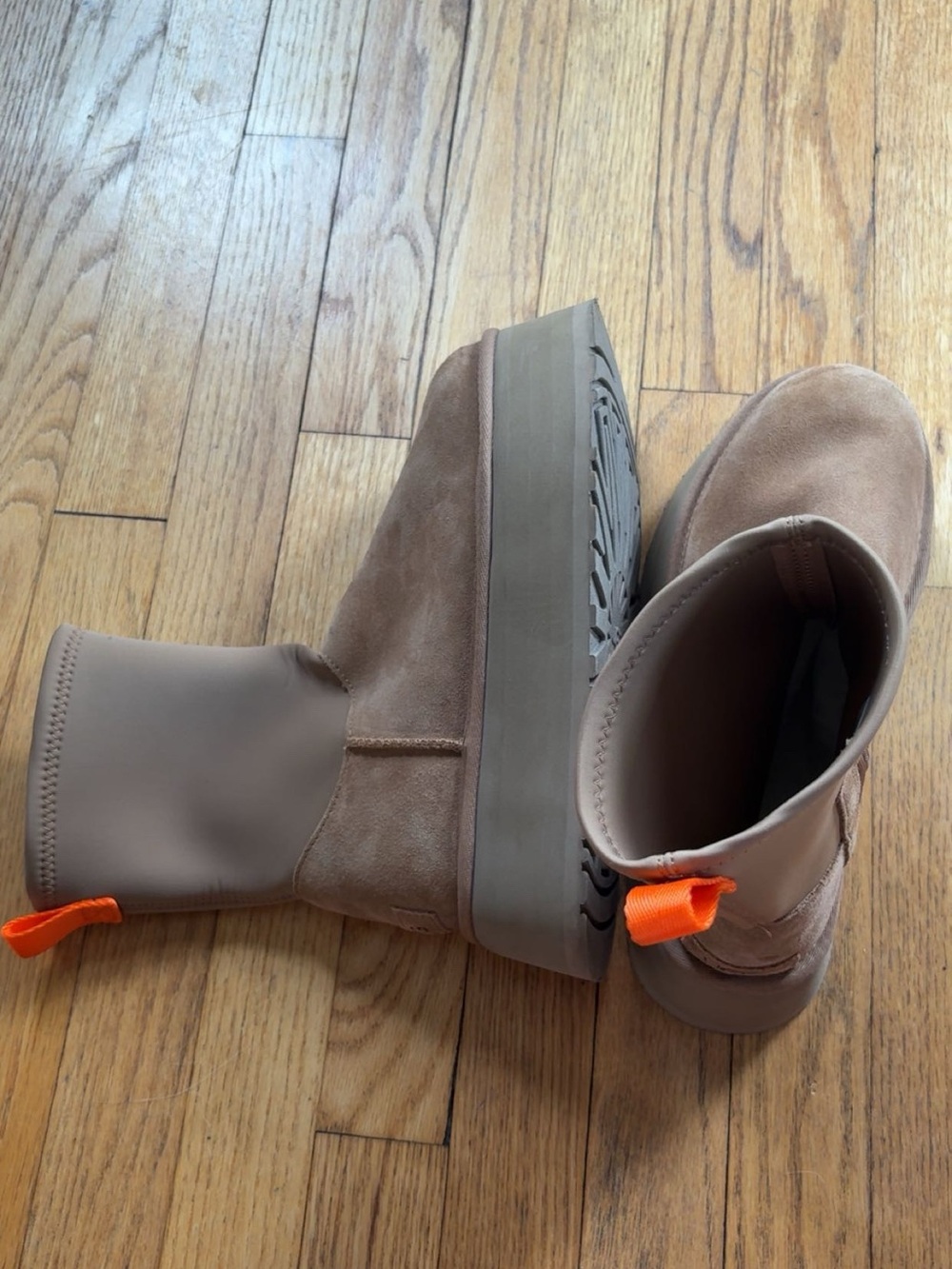UGG Tan Suede Platform Ankle Boots with Orange Pull Tabs
